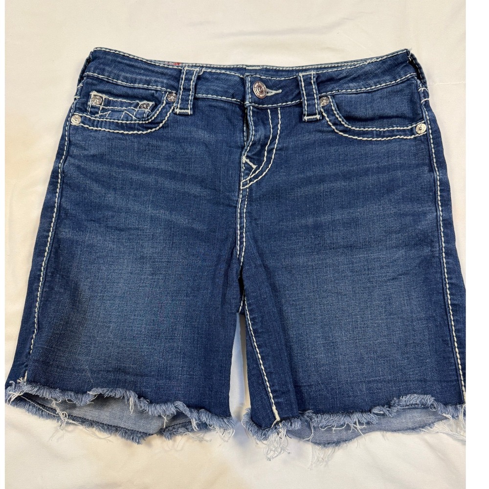 True Religion‎ Jayde Mid Short Blue Denim Big T Natural Stitch Raw Hem Size 29